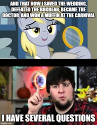 Size: 500x643 | Tagged: safe, edit, edited screencap, screencap, derpy hooves, pegasus, pony, g4, my little pony best gift ever, caption, cute, derpabetes, doctor who, female, image macro, jontron, lidded eyes, magnifying glass, mailmare, mare, post office, postman's hat, solo, text, wing hands, wing hold, wings