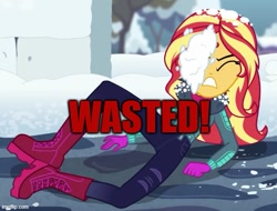 Size: 581x441 | Tagged: safe, edit, edited screencap, screencap, sunset shimmer, equestria girls, equestria girls specials, g4, my little pony equestria girls: better together, my little pony equestria girls: holidays unwrapped, saving pinkie's pie, boots, caption, clothes, cropped, eyes closed, grand theft auto, image macro, implied death, meme, shoes, snow, solo, text, wasted