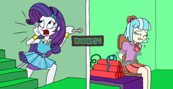 Size: 2380x1232 | Tagged: safe, artist:bugssonicx, coco pommel, rarity, human, equestria girls, g4, arm behind back, bomb, bondage, calling, clothes, crying, damsel in distress, dress, equestria girls-ified, eyes closed, female, kidnapped, rarity peplum dress, skirt, sweat, sweatdrop, tied to chair, tied up, weapon, worried