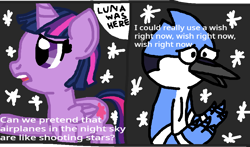 Size: 960x565 | Tagged: safe, artist:nightshadowmlp, twilight sparkle, alicorn, bird, pony, g4, 1000 hours in ms paint, aeroplanes and meteor showers, airplanes (song), art, crossover, crossover shipping, female, implied princess luna, male, meme, mordecai, mordetwi, redraw mordetwi meme, regular show, shipping, straight, text, twilight sparkle (alicorn)