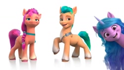 Size: 1280x720 | Tagged: safe, screencap, hitch trailblazer, izzy moonbow, sunny starscout, earth pony, pony, unicorn, g5, my little pony: a new generation, official, 3d, female, gradient hooves, looking at you, male, mare, raised hoof, simple background, smiling, smiling at you, stallion, trio, unshorn fetlocks, white background