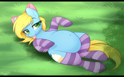 Size: 2700x1700 | Tagged: safe, artist:higglytownhero, oc, oc only, oc:sugar sweet, earth pony, pony, bedroom eyes, belly, belly button, bow, chubby, clothes, commission, cute, fat, female, grass, looking at you, lying down, obese, ocbetes, on back, socks, solo, striped socks, tongue out
