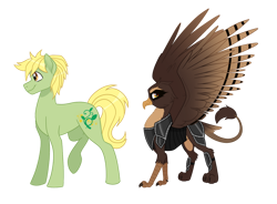 Size: 900x663 | Tagged: safe, artist:nivimonster, oc, oc only, earth pony, griffon, pony, armor, female, male, simple background, stallion, transparent background