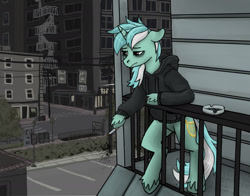 Size: 1400x1100 | Tagged: safe, artist:necromarecy, lyra heartstrings, pony, unicorn, g4, bags under eyes, balcony, bipedal, bipedal leaning, cigarette, city, clothes, dig the swell hoodie, floppy ears, hoodie, hoof hold, leaning, magnetic hooves, sad, smoking, solo