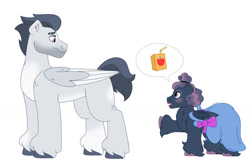 Size: 1280x854 | Tagged: safe, artist:itstechtock, rumble, oc, oc:bright star, pony, g4, clothes, dress, female, filly, juice, juice box, offspring, older, parent:rumble, parent:sweetie belle, parents:rumbelle, pictogram