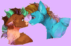 Size: 2000x1314 | Tagged: safe, artist:frosstish, oc, oc only, oc:carbon, oc:sagebrush, earth pony, pegasus, pony, bedroom eyes, blue eyes, boop, bust, couple, cute, earth pony oc, eye contact, eyelashes, eyes open, floppy ears, gay, green eyes, looking at each other, male, multicolored hair, multicolored mane, noseboop, oc x oc, pegasus oc, shading, shipping, smiling, stallion, surprised, wings