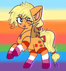 Size: 1255x1349 | Tagged: safe, artist:nyansockz, artist:ube, applejack, pony, g4, clothes, female, hatless, headcanon, implied appledash, implied lesbian, implied shipping, lesbian, lesbian pride flag, looking at you, missing accessory, one eye closed, pride, pride flag, pride socks, sexuality headcanon, shipping, simple background, socks, striped socks, wink, winking at you