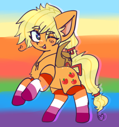 Size: 1255x1349 | Tagged: safe, artist:nyansockz, artist:ube, applejack, earth pony, pony, g4, clothes, female, hatless, headcanon, implied appledash, implied lesbian, implied shipping, lesbian, lesbian pride flag, looking at you, missing accessory, one eye closed, pride, pride flag, pride socks, sexuality headcanon, shipping, simple background, socks, striped socks, wink, winking at you