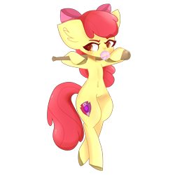 Size: 2000x2000 | Tagged: safe, artist:honeyheartbases, apple bloom, earth pony, pony, g4, apple bloom's bow, baseball bat, belly button, bipedal, bow, bubblegum, chewing gum, ear fluff, female, filly, food, gum, hair bow, high res, solo