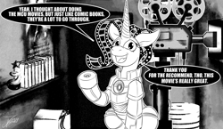 Size: 1250x725 | Tagged: safe, artist:jamescorck, oc, oc only, oc:movie slate, pony, unicorn, clothes, cosplay, costume, female, film projector, iron man, mare, monochrome, solo