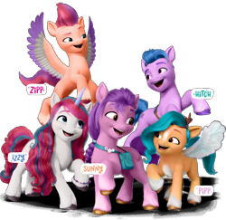 Size: 1136x1102 | Tagged: safe, edit, hitch trailblazer, izzy moonbow, pipp petals, sunny starscout, zipp storm, earth pony, pegasus, pony, unicorn, g5, my little pony: a new generation, looking at each other, mane five, palette swap, raised hoof, recolor, smiling, spread wings, unshorn fetlocks, wings