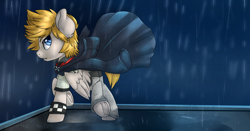 Size: 2060x1080 | Tagged: safe, artist:annakitsun3, pegasus, pony, clothes, disney, hood, jacket, jewelry, kingdom hearts, male, necklace, open mouth, pants, ponified, rain, roxas, shirt, solo, stallion, t-shirt, underhoof, wings, wristband