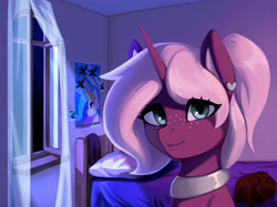 Size: 2838x2118 | Tagged: safe, artist:mrscroup, oc, oc only, oc:tenebris flux, pony, unicorn, bed, bedroom, ear piercing, earring, freckles, gray eyes, high res, jewelry, looking at you, night, night sky, no source available, piercing, pillow, ponytail, propaganda poster, sky, solo, window