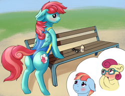 Size: 1959x1512 | Tagged: safe, artist:shaliwolf, posey shy, windy whistles, oc, oc:gentle breeze, pegasus, pony, g4, bench, blushing, butt, clothes, commissioner:bigonionbean, female, flank, fusion, fusion:gentle breeze, glasses, mare, one-piece swimsuit, plot, sunscreen, swimsuit, wings, writer:bigonionbean