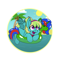 Size: 5000x5000 | Tagged: safe, artist:rokosmith26, oc, oc only, oc:christian clefnote, oc:lutecia, bat pony, pony, absurd resolution, bat pony oc, beach, coconut, commission, female, food, hat, headband, inflatable, inflatable toy, looking up, mare, open mouth, open smile, palm tree, ponytail, pool toy, sand, simple background, smiling, solo, spread wings, sun, teeth, transparent background, tree, water, wings, ych result