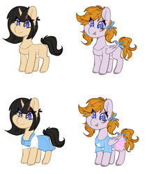 Size: 1940x2296 | Tagged: safe, artist:tizhonolulu, oc, oc:cookie byte, oc:tiz honolulu, pegasus, pony, unicorn, bow, clothes, female, filly, overalls, pigtails, skirt