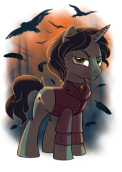 Size: 2480x3507 | Tagged: safe, artist:yulyeen, oc, oc only, bird, pony, unicorn, clothes, feather, high res, looking at you, male, shirt, simple background, solo, stallion, transparent background