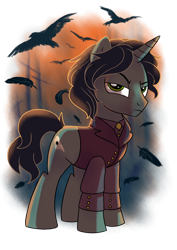 Size: 2480x3507 | Tagged: safe, artist:yulyeen, oc, oc only, bird, pony, unicorn, angry, black and yellow, black mane, button-up shirt, clothes, eyebrows, feather, green eyes, high res, highlights, looking at you, male, plague doctor mask, raised eyebrow, scowl, shading, shirt, simple background, solo, stallion, transparent background, unamused