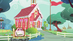 Size: 1280x720 | Tagged: safe, screencap, flight to the finish, g4, background, fence, flag, no pony, ponyville, ponyville schoolhouse, scenic ponyville, tree