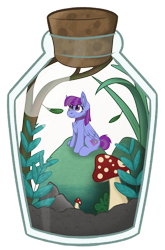 Size: 2228x3368 | Tagged: safe, artist:rokosmith26, oc, oc only, oc:eminence bloom, pegasus, pony, bottle, cheek fluff, chest fluff, choker, commission, cork, female, folded wings, grass, high res, leaves, looking up, mare, micro, mushroom, pegasus oc, plant, plants, pony in a bottle, simple background, sitting, smiling, transparent background, trapped, wings, ych result