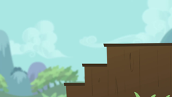 Size: 1280x720 | Tagged: safe, screencap, flight to the finish, g4, season 4, background, cloud, grass, mountain, ponyville, scenic ponyville, stairs, step, tree
