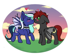 Size: 1455x1137 | Tagged: safe, artist:rokosmith26, oc, oc only, oc:ivory mint, oc:shadow, bat pony, pony, bat pony oc, blushing, cheek fluff, chest fluff, cloud, collar, commission, complex background, duo, duo focus, ear fluff, eyes closed, eyes open, female, floppy ears, grass, grass field, happy, heart, kissing, long mane, male, mare, oc x oc, raised hoof, raised leg, shipping, spread wings, stallion, standing, sunset, surprised, wingding eyes, wings, ych result