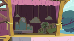 Size: 1280x720 | Tagged: safe, screencap, flight to the finish, g4, backdrop, background, cloud, curtains, mountain, no pony, scene, scenic ponyville, stairs, tree