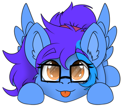 Size: 1251x1092 | Tagged: safe, alternate character, alternate version, artist:rokosmith26, oc, oc only, oc:angley, pegasus, pony, :p, cheek fluff, chibi, commission, cute, ear fluff, eye clipping through hair, eyebrows, eyebrows visible through hair, female, glasses, hairband, looking at you, lying down, mare, pegasus oc, ponytail, simple background, solo, spread wings, tongue out, transparent background, wings, ych result
