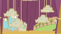 Size: 1280x720 | Tagged: safe, screencap, flight to the finish, season 4, backdrop, background, cloud, curtains, house, mountain, no pony, rope, scene, scenic ponyville, tree