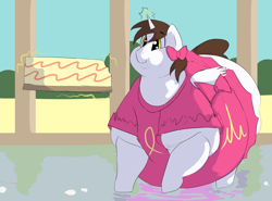 Size: 2883x2137 | Tagged: safe, artist:lupin quill, oc, oc only, oc:mitchy, alicorn, pony, alicorn oc, belly, bhm, big belly, bingo wings, butt, cake, cheesecake, chubby cheeks, clothes, crossdressing, double chin, dress, eating, fat, fat fetish, femboy, fetish, food, high res, horn, large butt, magic, male, morbidly obese, obese, palace, plot, rolls of fat, telekinesis, tight clothing, wings