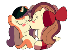 Size: 3040x2234 | Tagged: safe, artist:sparkfler85, derpibooru exclusive, oc, oc only, oc:flani bainilye, oc:hymyt, earth pony, pony, unicorn, blushing, bow, bracelet, female, freckles, hat, high res, jewelry, kissing, lesbian, mare, romantic, simple background, transparent background