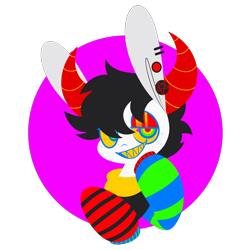 Size: 2160x2160 | Tagged: safe, artist:glowfangs, oc, oc only, oc:opie, pony, clothes, colorful, ear piercing, freckles, high res, horns, lineless, needs more saturation, neon, piercing, rainbow, sharp teeth, solo, sweater, teeth