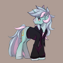 Size: 1261x1261 | Tagged: safe, artist:1an1, lyra heartstrings, pony, unicorn, g4, bottomless, brown background, clothes, dig the swell hoodie, female, hoodie, looking back, mare, partial nudity, simple background, solo