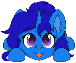 Size: 1191x997 | Tagged: safe, alternate character, alternate version, artist:rokosmith26, oc, oc only, oc:delly, pony, unicorn, :p, cheek fluff, chibi, commission, cute, ear fluff, eyebrows, eyebrows visible through hair, female, horn, looking at you, lying down, mare, simple background, solo, tongue out, transparent background, unicorn oc, ych result