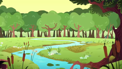 Size: 1280x720 | Tagged: safe, screencap, flight to the finish, g4, season 4, background, cattails, flower, forest, no pony, reeds, river, scenic ponyville, tree