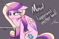 Size: 1337x898 | Tagged: safe, artist:pinkberry, princess cadance, alicorn, pony, g4, cadance is not amused, dialogue, drawpile, female, folded wings, head on hoof, implied flurry heart, mare, messy mane, offscreen character, simple background, solo, speech, supporting head, talking, text, tired, unamused, wings