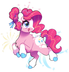 Size: 1663x1723 | Tagged: safe, artist:catbun-yt, pinkie pie, earth pony, pony, g4, alternate hairstyle, blaze (coat marking), chest fluff, coat markings, colored hooves, cute, diapinkes, ear fluff, facial markings, female, heart eyes, leg fluff, mare, redesign, simple background, socks (coat markings), solo, tongue out, transparent background, wingding eyes