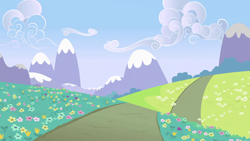 Size: 1280x720 | Tagged: safe, screencap, flight to the finish, g4, season 4, background, bush, cloud, flower, hill, mountain, no pony, road, scenic ponyville, sky