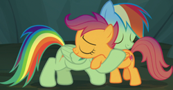 Size: 1716x894 | Tagged: safe, screencap, rainbow dash, scootaloo, pegasus, pony, campfire tales, g4, cropped, eyes closed, female, filly, hug, mare, scootalove