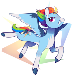 Size: 1846x1905 | Tagged: safe, artist:catbun-yt, rainbow dash, pegasus, pony, g4, alternate hairstyle, backwards cutie mark, coat markings, colored hooves, colored wings, cute, dashabetes, female, mare, multicolored wings, redesign, simple background, smiling, socks (coat markings), solo, spread wings, tail feathers, transparent background, wings