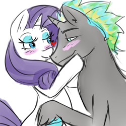 Size: 800x800 | Tagged: safe, artist:krispykakes, rarity, oc, oc:tidal drift, pony, unicorn, g4, blushing, canon x oc, female, floating heart, heart, hoof on face, lidded eyes, looking at each other, male, mare, raised hoof, requested art, shipping, simple background, smiling, stallion, straight, unshorn fetlocks, white background