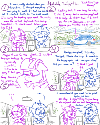 Size: 4779x6013 | Tagged: safe, artist:adorkabletwilightandfriends, twilight sparkle, oc, oc:greg, alicorn, pony, unicorn, comic:adorkable twilight and friends, g4, adorkable, adorkable twilight, apology, break up, buick regal tour x, car, comic, conversation, crying, cute, dork, driving, friendship, happy, injured, interior, kindness, love, made up, memories, mindful, reconcile, recovery, relationships, sad, sad smile, scenery, seatbelt, silence, slice of life, sorry, starting over, station wagon, twilight sparkle (alicorn)