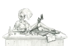 Size: 1500x976 | Tagged: safe, artist:baron engel, mayor mare, earth pony, anthro, unguligrade anthro, fallout equestria, g4, cleaning, desk, glasses, gun, handgun, looking at you, monochrome, patreon, patreon reward, pencil drawing, pistol, scar, solo, story included, traditional art, unshorn fetlocks, weapon