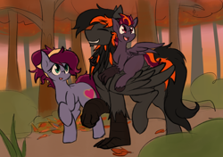 Size: 1600x1124 | Tagged: safe, artist:candel, oc, oc:blazing heart, oc:crafted sky, oc:sweeping quill, earth pony, hippogriff, pony, autumn, family, forest, leaves, neck feathers, shipping, sunset, talons, walking, wings