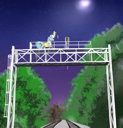 Size: 3927x4096 | Tagged: safe, artist:inisealga, oc, oc only, oc:lunar signal, bat pony, hybrid, pony, unicorn, bat pony oc, forest, horn, hybrid oc, moon, night, railroad, railway signal, safety vest, signal, train tracks, unicorn oc