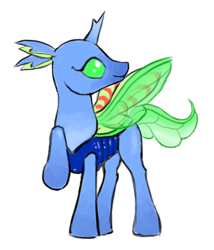 Size: 720x840 | Tagged: safe, artist:multiverseequine, derpibooru exclusive, oc, oc only, oc:distant dream, changedling, changeling, pony, bug eyes, changedling oc, changeling oc, female, full body, horn, raised hoof, simple background, smiling, solo, transparent background, transparent tail, transparent wings, wings