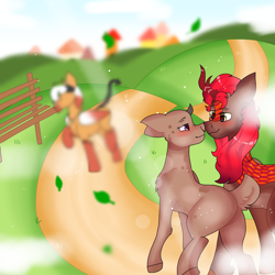 Size: 1280x1280 | Tagged: safe, artist:valkiria, oc, oc:blazing autumn, oc:unyala, oc:vanadusk, deer, incubus, incubus pony, kirin, bench, blushing, butt, chest fluff, colored hooves, couple, deer oc, doe, eye contact, female, fluffy mane, freckles, hill, kirin oc, leaves, looking at each other, monochrome, park, path, plot, raised tail, romance, rooftop, scales, short tail, spaded tail, tail, town, two toned mane, two toned wings, walking, wind, wings