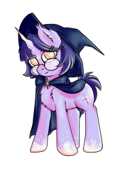Size: 3029x3970 | Tagged: safe, artist:coco-drillo, twilight sparkle, pony, unicorn, g4, alternate design, alternate hairstyle, chest fluff, cloak, clothes, ear fluff, female, glasses, hat, high res, looking at you, mare, redesign, simple background, smiling, smiling at you, solo, standing, standing up, transparent background, unicorn twilight, witch hat