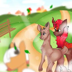 Size: 1280x1280 | Tagged: safe, artist:valkiria, oc, oc:blazing autumn, oc:unyala, oc:vanadusk, deer, incubus, incubus pony, kirin, bench, butt, chest fluff, colored hooves, confused, couple, deer oc, doe, female, fluffy mane, hill, horns, kirin oc, leaves, lust, park, path, plot, raised eyebrow, raised tail, rooftop, scales, short tail, tail, town, two toned mane, uh oh, wind
