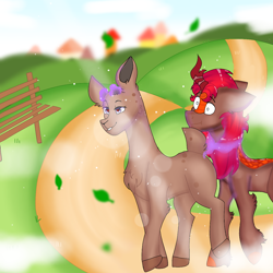 Size: 1280x1280 | Tagged: safe, artist:valkiria, oc, oc:blazing autumn, oc:unyala, deer, incubus, incubus pony, kirin, bench, butt, chest fluff, colored hooves, couple, deer oc, doe, female, fluffy mane, hill, kirin oc, leaves, lust, magic, neck hold, park, path, plot, raised tail, rooftop, scales, short tail, spots, tail, town, turned away, two toned mane, two toned wings, uh oh, wide eyes, wind, wings